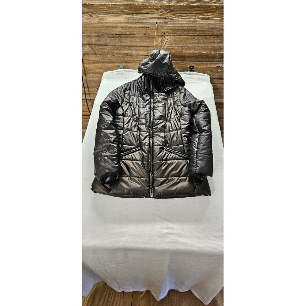 Forever 21 Womens Black Metallic Quilted Puffer Jacket Hooded Parka Large